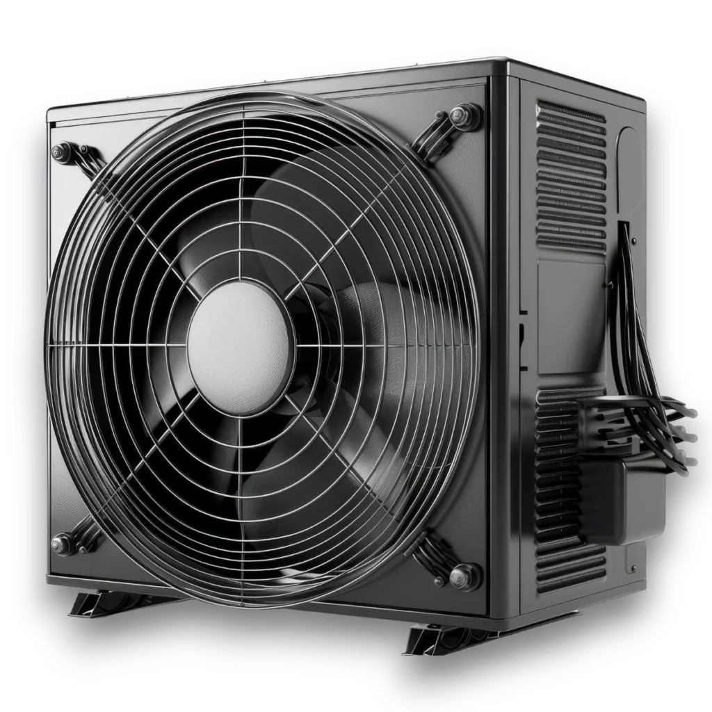 A close-up view of a spinning HVAC condenser fan with metal blades and a protective grid, captured with a blue-toned motion blur effect.
