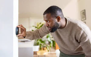 A man leaning in closely to adjust or read a round smart thermostat mounted on a white wall inside a modern home with plants in the background.