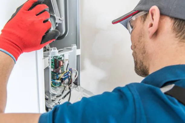 Technician wearing safety glasses and a red glove examining the circuit board and wiring inside an open furnace control panel.