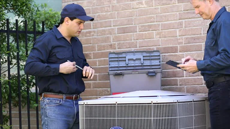 Two technicians inspecting an outdoor AC condenser unit