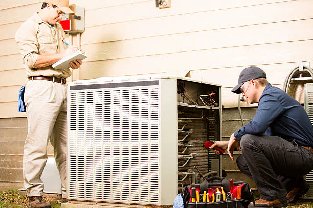 Two HVAC technicians servicing an outdoor air conditioning unit — one taking notes on a clipboard while the other examines the open unit's wiring and coils.