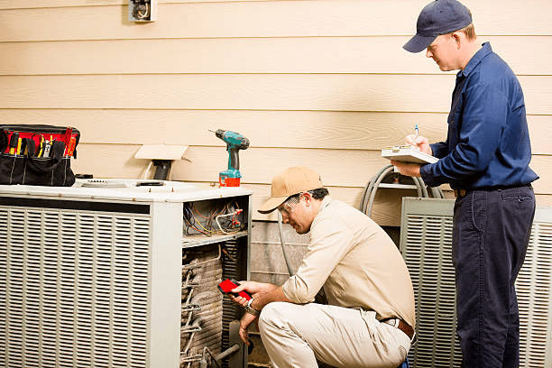 Two HVAC technicians working together outdoors — one kneeling to inspect the open air conditioning unit's coils while the other records notes on a clipboard.